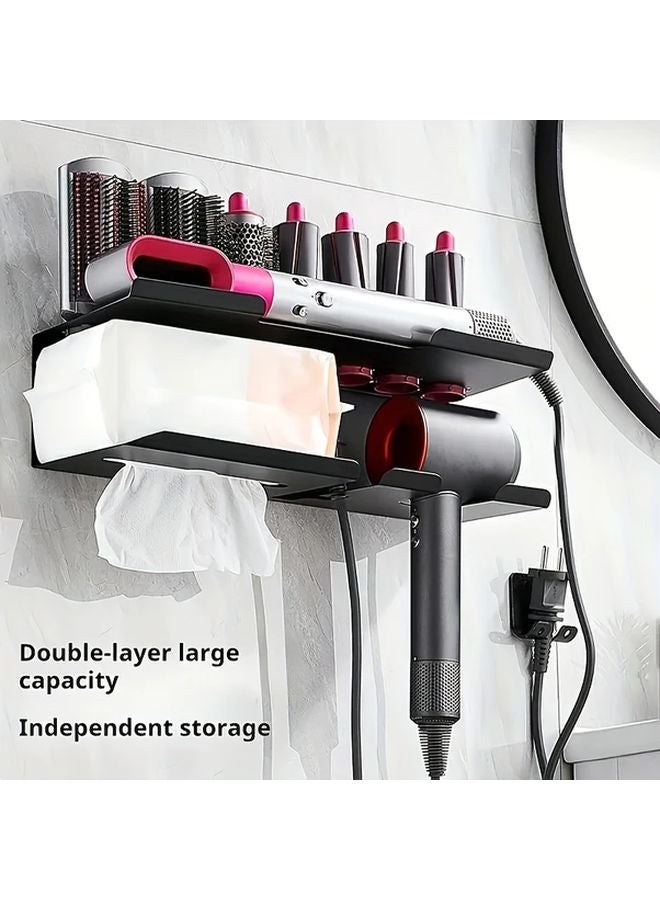 Black Wall Mounted Hair Dryer Curling Iron Holder No Drill Bathroom Organizer - Image 1